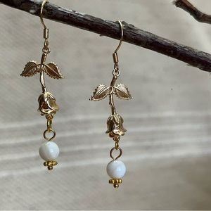 Gold Rose Flower Beaded Dangle Earring with Hypoallergenic Gold Plated Hooks